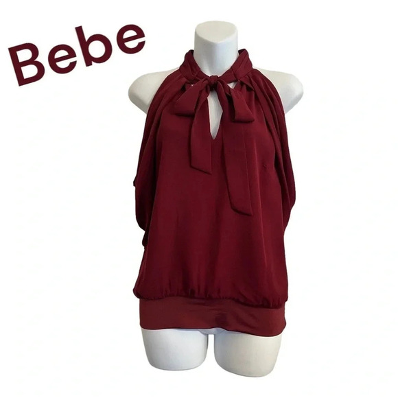 Bebe Burgundy Mock Neck Keyhole Halter‎ Top Small - Picture 2 of 10